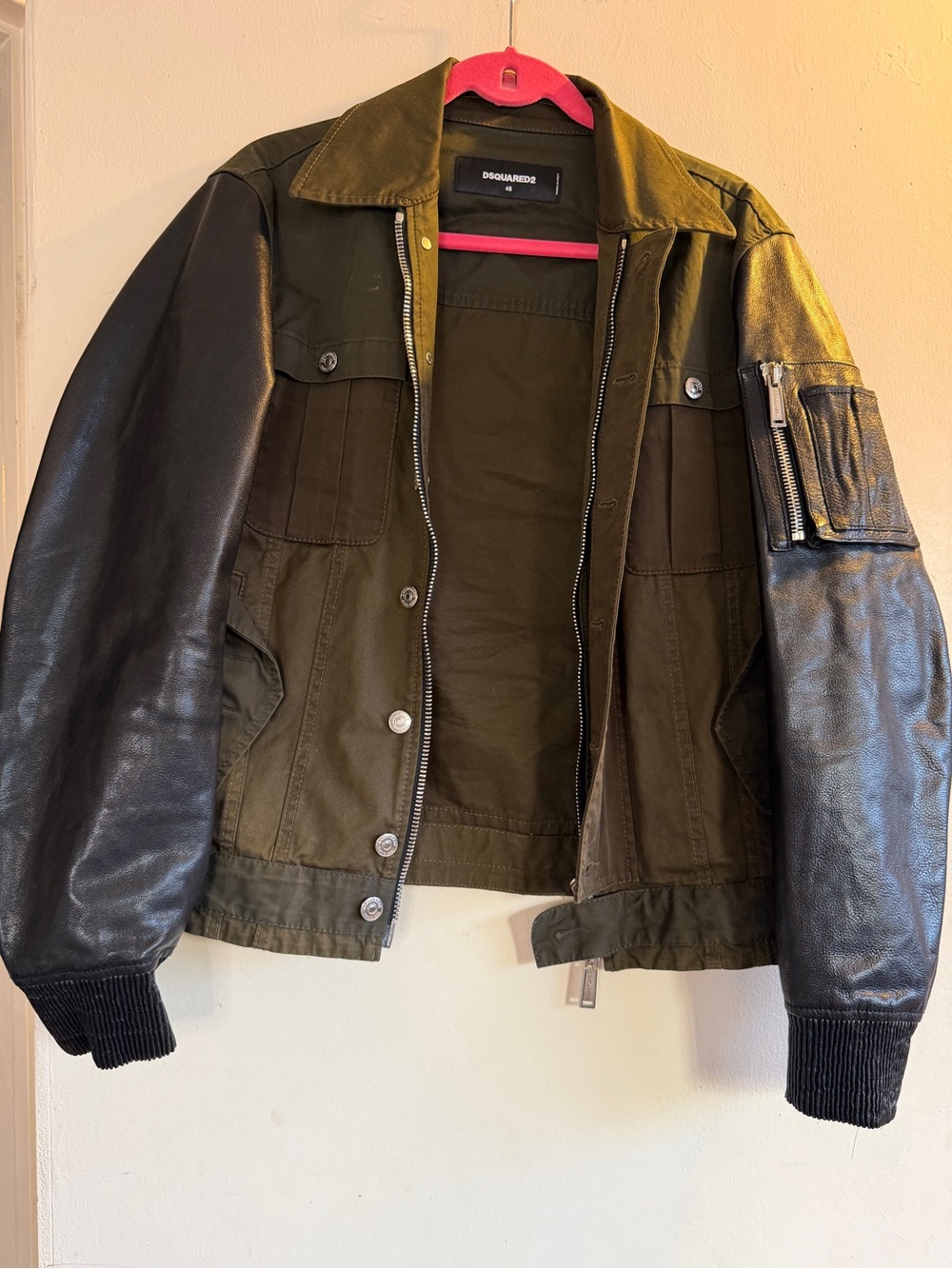 DSQUARED2 Olive Green Body with Black Leather-Sleeve Bomber Jacket